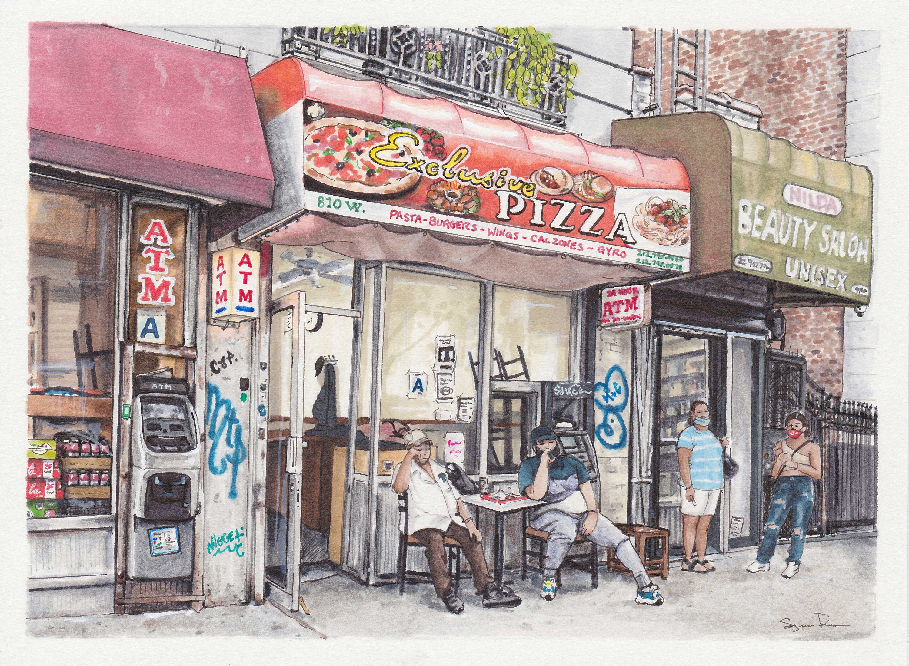 Exclusive Pizza Washington Heights NYC Street Scene Giclée Print