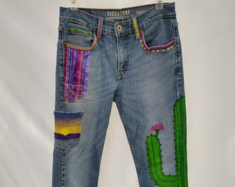 Size 6 Upcycled Patchwork Painted Embellished One-of-a-kind Southwest Cactus Jeans