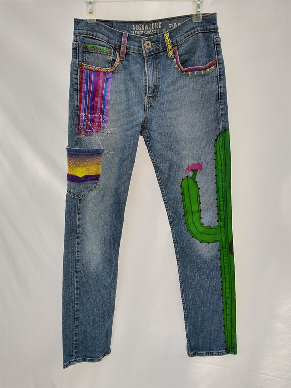 Size 6 Upcycled Patchwork Painted Embellished One-of-a-kind Southwest Cactus Jeans