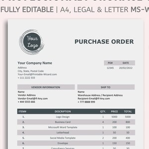 May include: A gray and white purchase order template with the text "Professional Purchase Order" at the top. The template includes sections for vendor information, shipping information, item description, quantity, price, and total. The template is fully editable and available in A4, Legal, and Letter sizes.