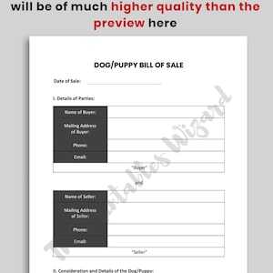 Dog bill of sale form - Puppy contract - Puppy bill of sale form  - Puppy sale contract - Dog purchase agreement