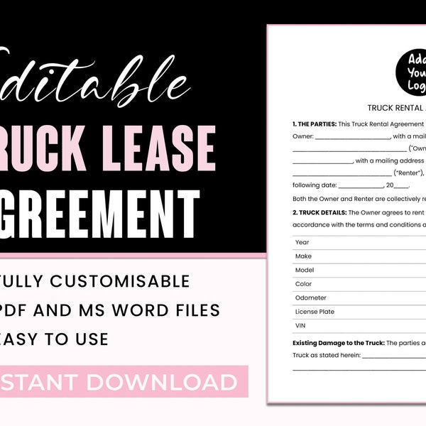 EDITABLE Truck Lease Agreement,Food Truck Contract,Commercial Truck Rental Agreement,Truck Hire Agreement,PDF Form And MS Word Template