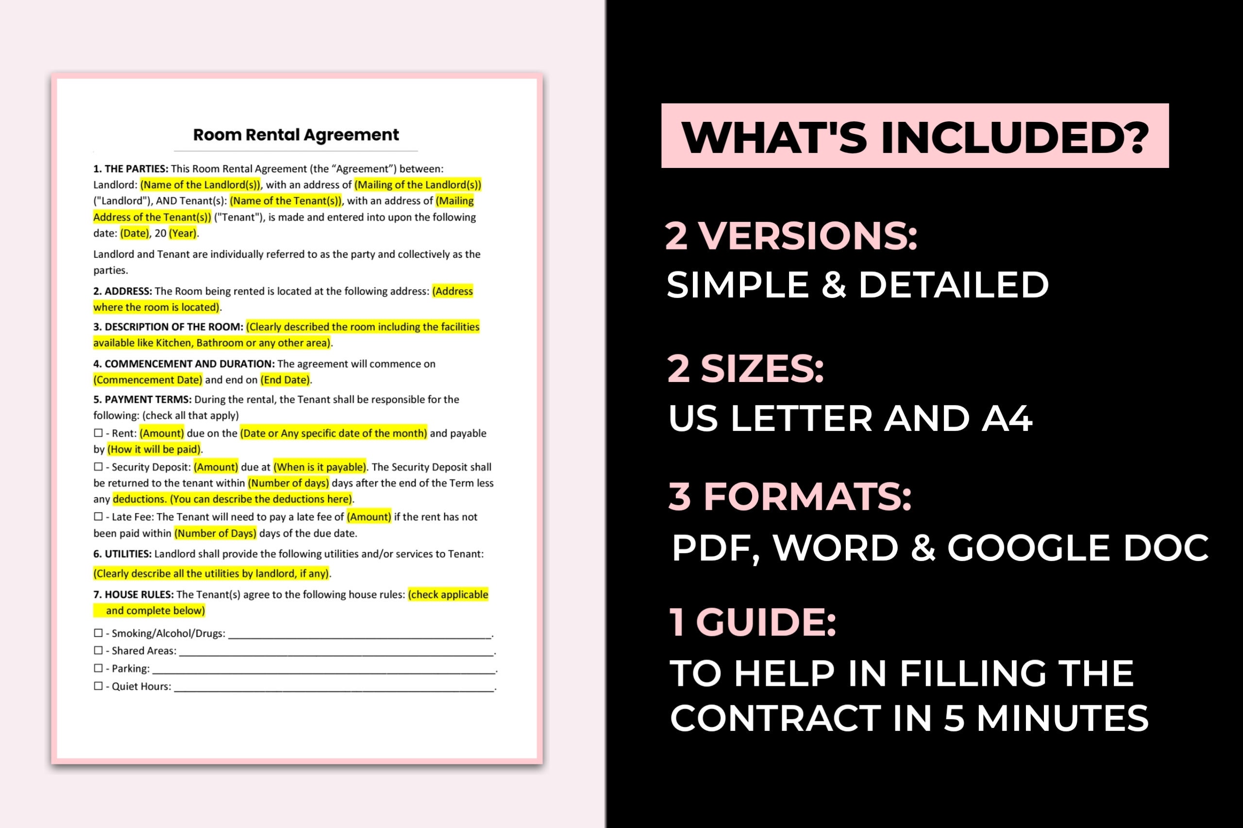 Room Rental Agreement Template. PDF Form, Word Document and Google Doc