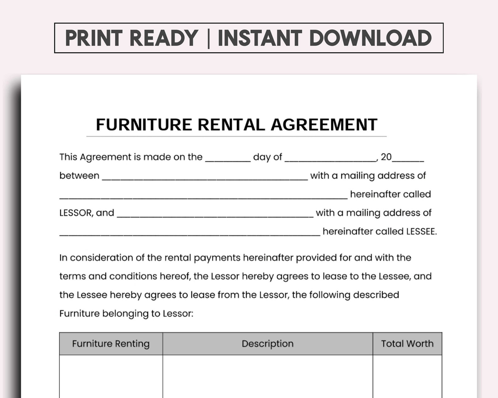 BEST Furniture Rental Agreement, Furniture Hire Contract, Furniture
