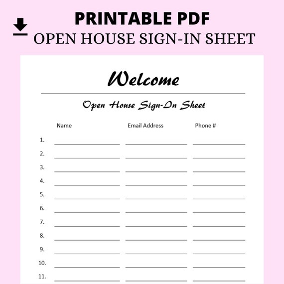 Open House Sign in Sheet Printable House Sign in Sheet Pdf Etsy