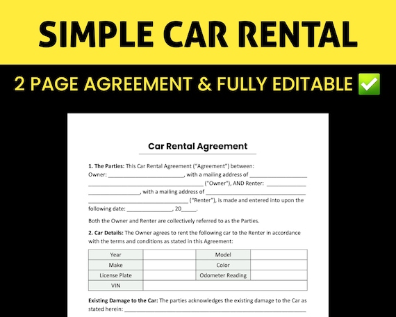 vehicle rental agreement car rentals contract editable word and pdf file instant download