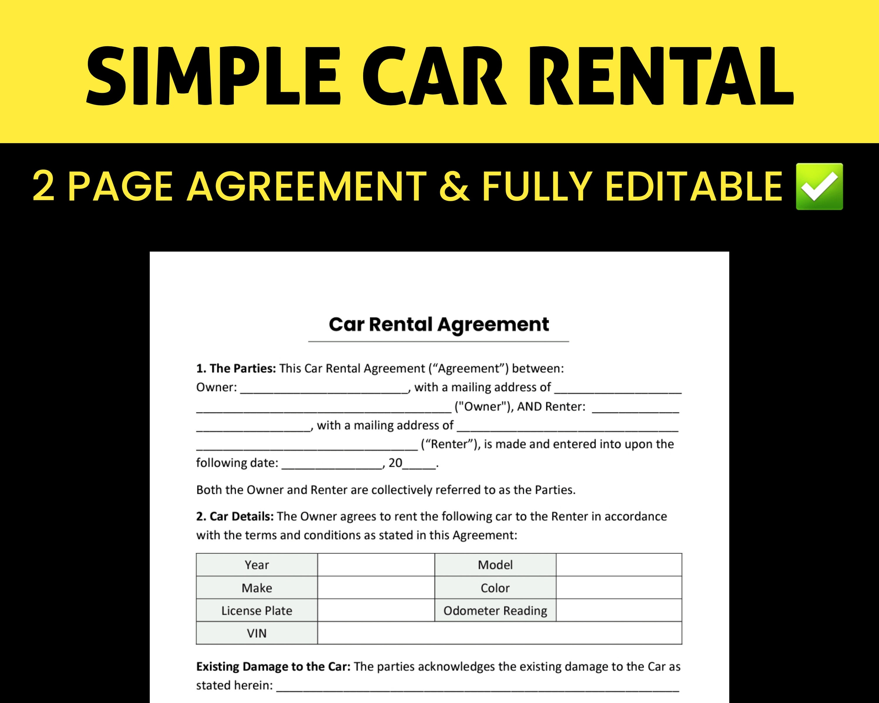 Car Rental Agreement Vehicle Rental Agreement Car Rentals Etsy Canada