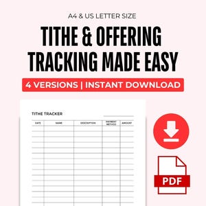 May include: A white tithe tracker sheet with a grid for recording financial information. The text "TITHE & OFFERING TRACKING MADE EASY" is displayed in large, bold black letters. The image also includes a red download icon and a PDF icon.