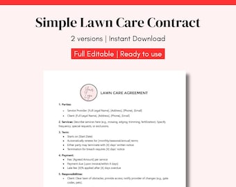 Modèle de contrat d'entretien de pelouse modifiable simple | Contrat d'une page pour l'aménagement paysager et l'entretien du jardin | Contrat de service imprimable et numérique MS Word
