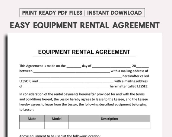equipment rental agreement template etsy