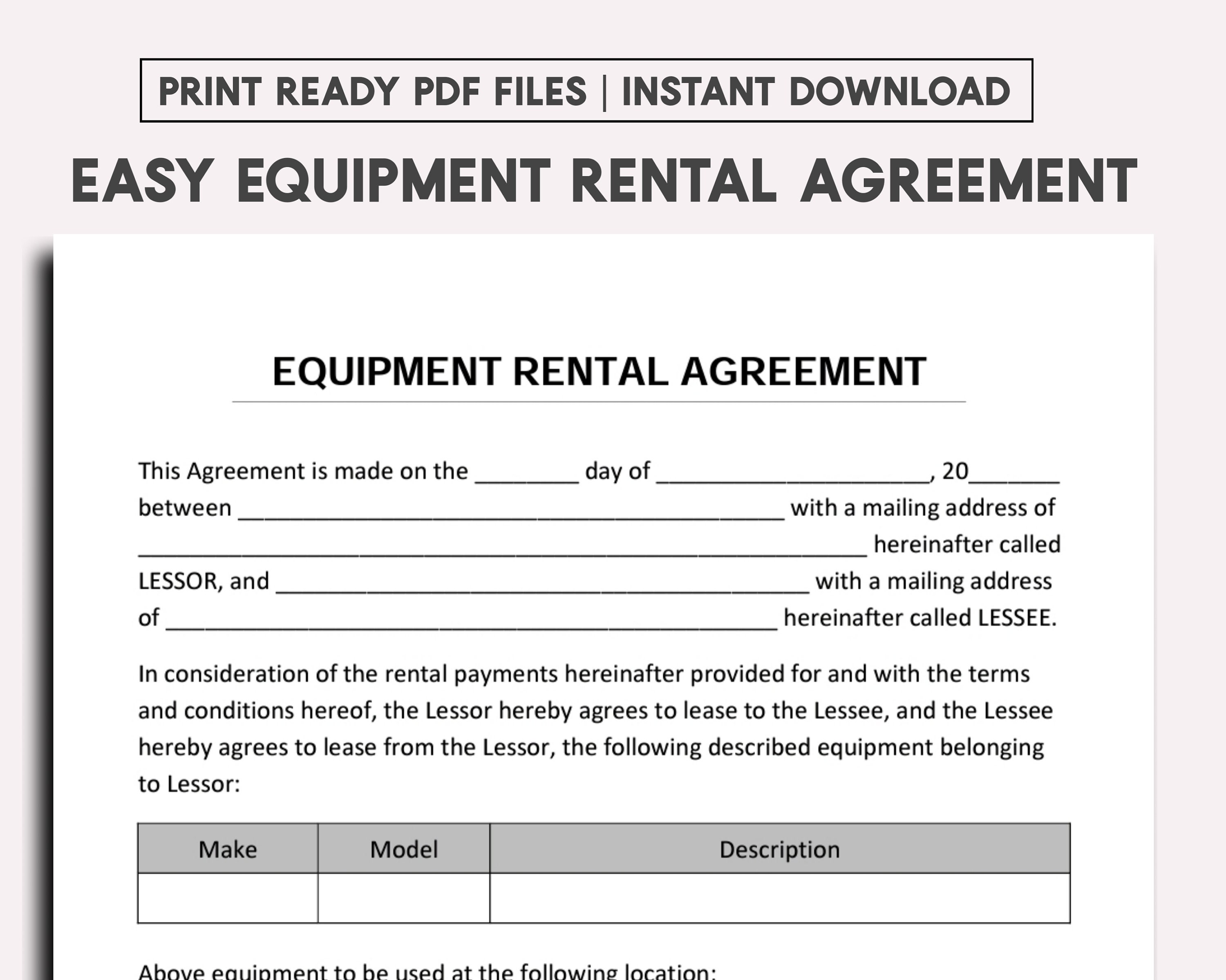 equipment rental agreement template etsy