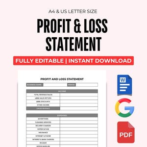 May include: A black and white printable profit and loss statement template for business owners. The template is fully editable and includes sections for income and expenses. The document is available for download in Word, Google Docs, and PDF formats.