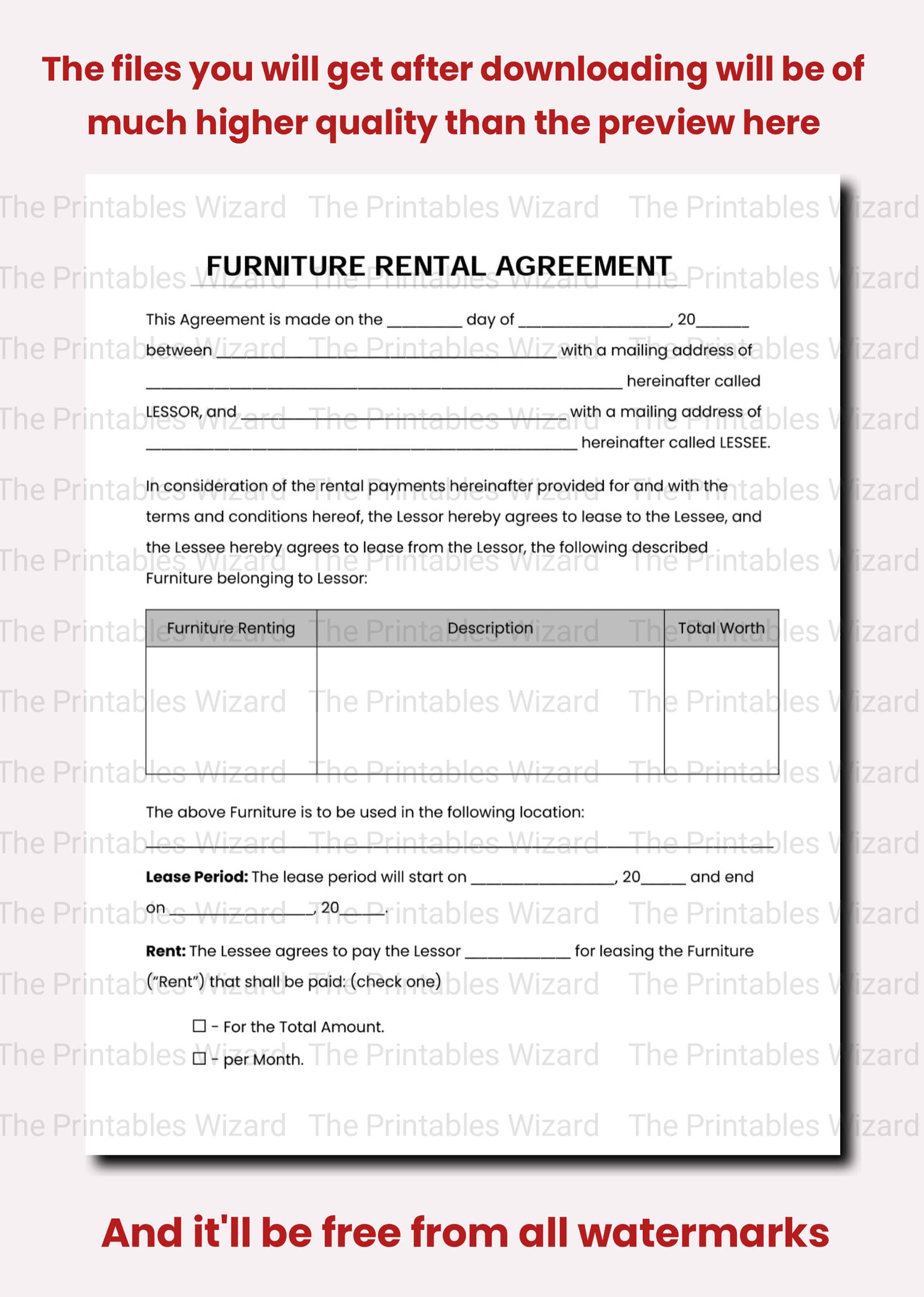 BEST Furniture Rental Agreement, Furniture Hire Contract, Furniture