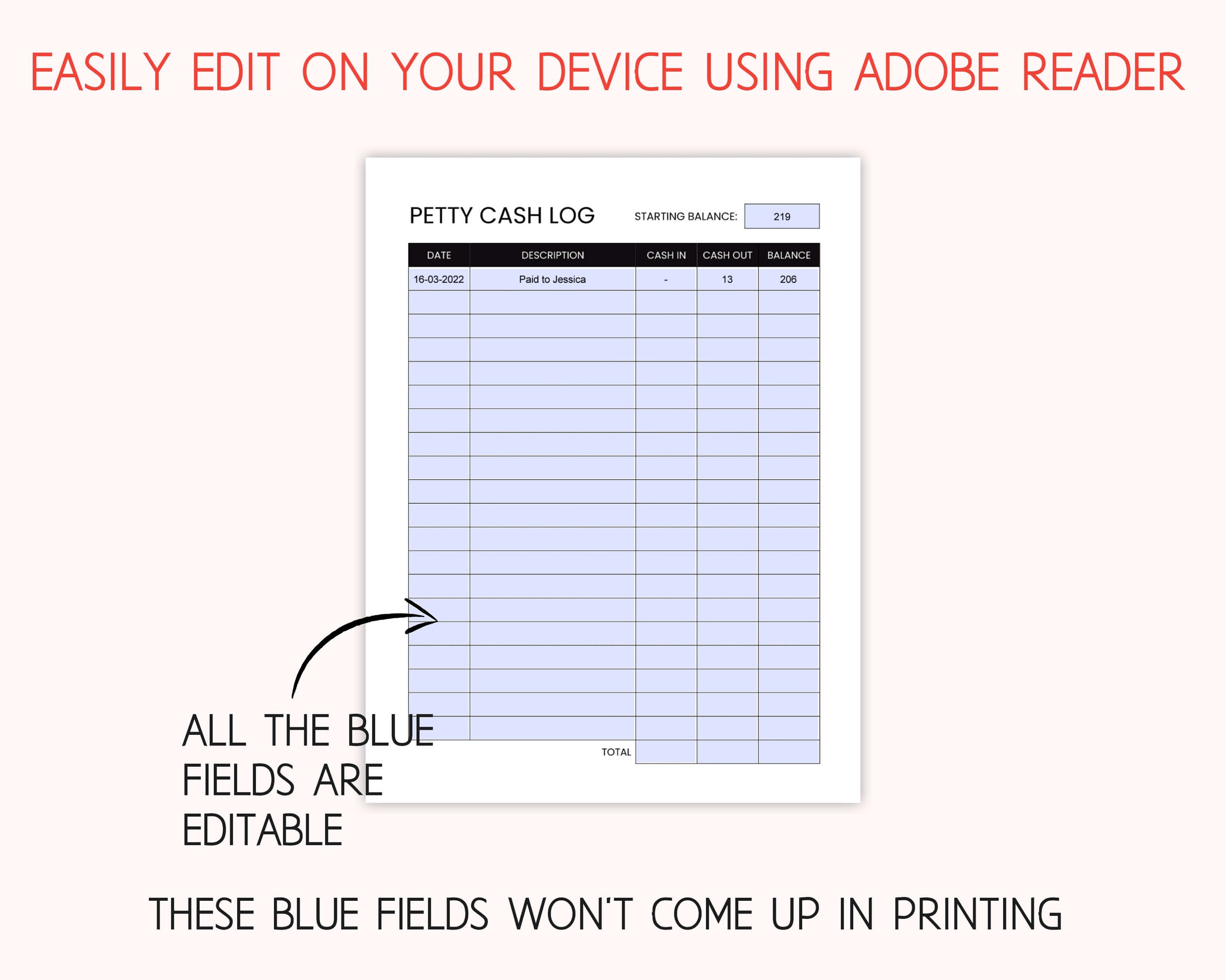 Petty Cash Log. Printable and Fillable PDF Template. - Etsy