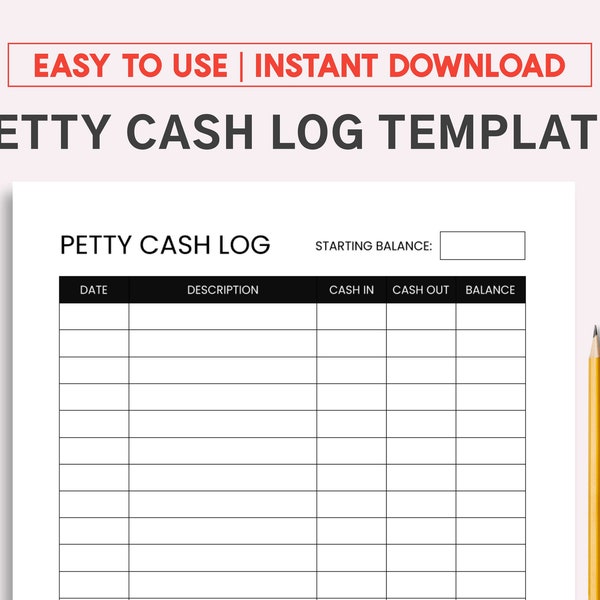 Petty cash log. Printable and Fillable PDF template.