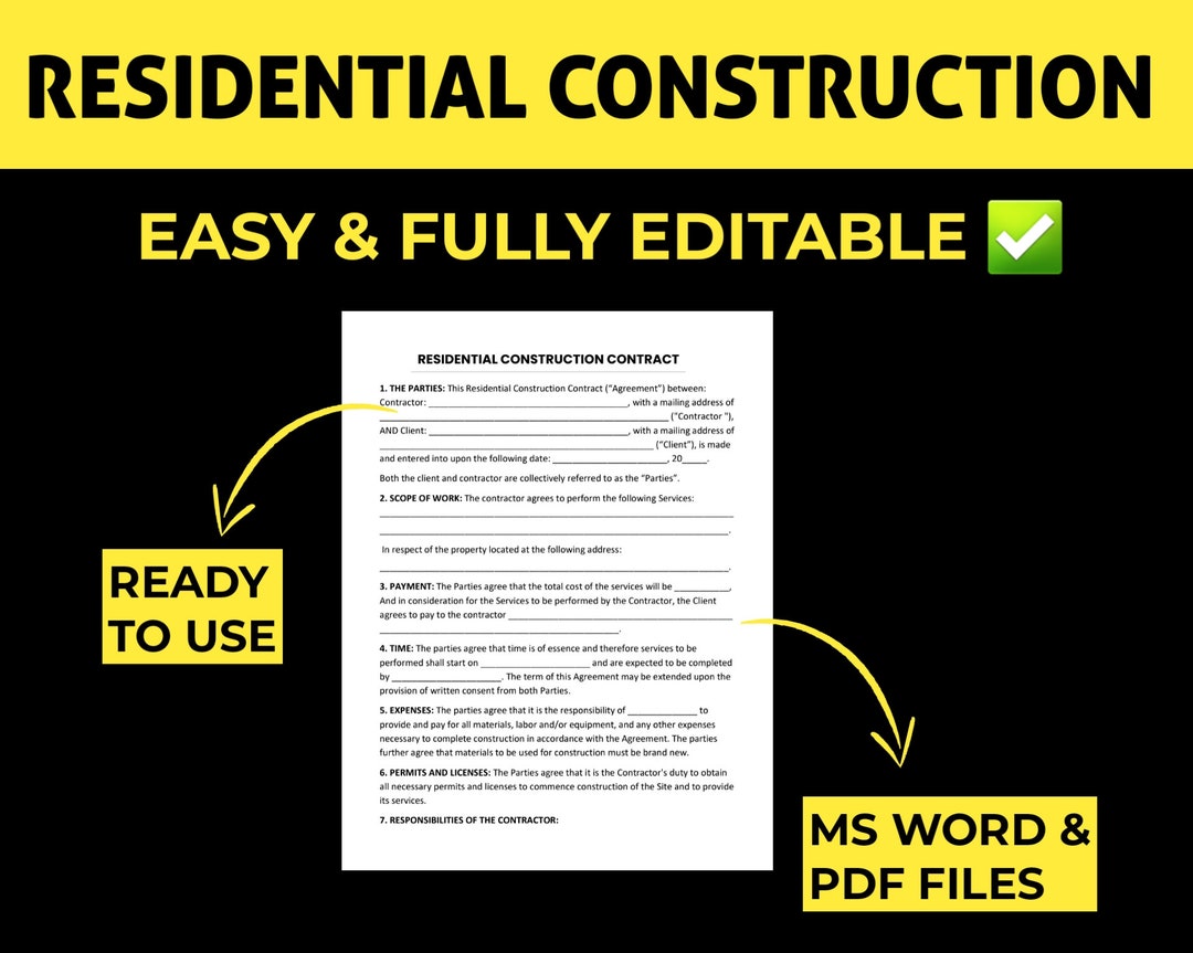 Residential Construction Contract Template Printable PDF / Editable