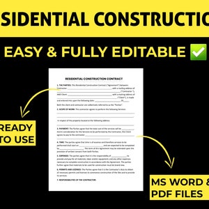 Residential Construction Contract Template. Printable PDF / Editable and Fillable Microsoft Word and Google Docs form.