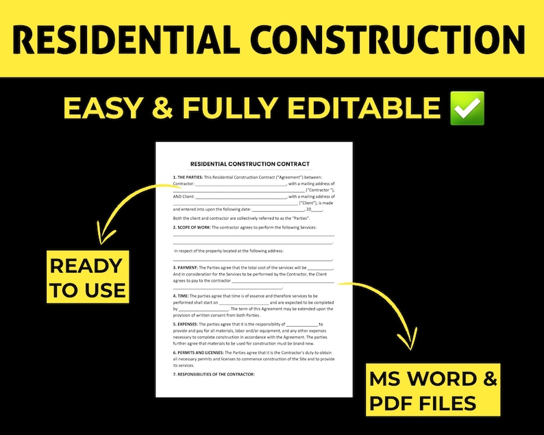 Residential Construction Contract Template. Printable PDF / Editable