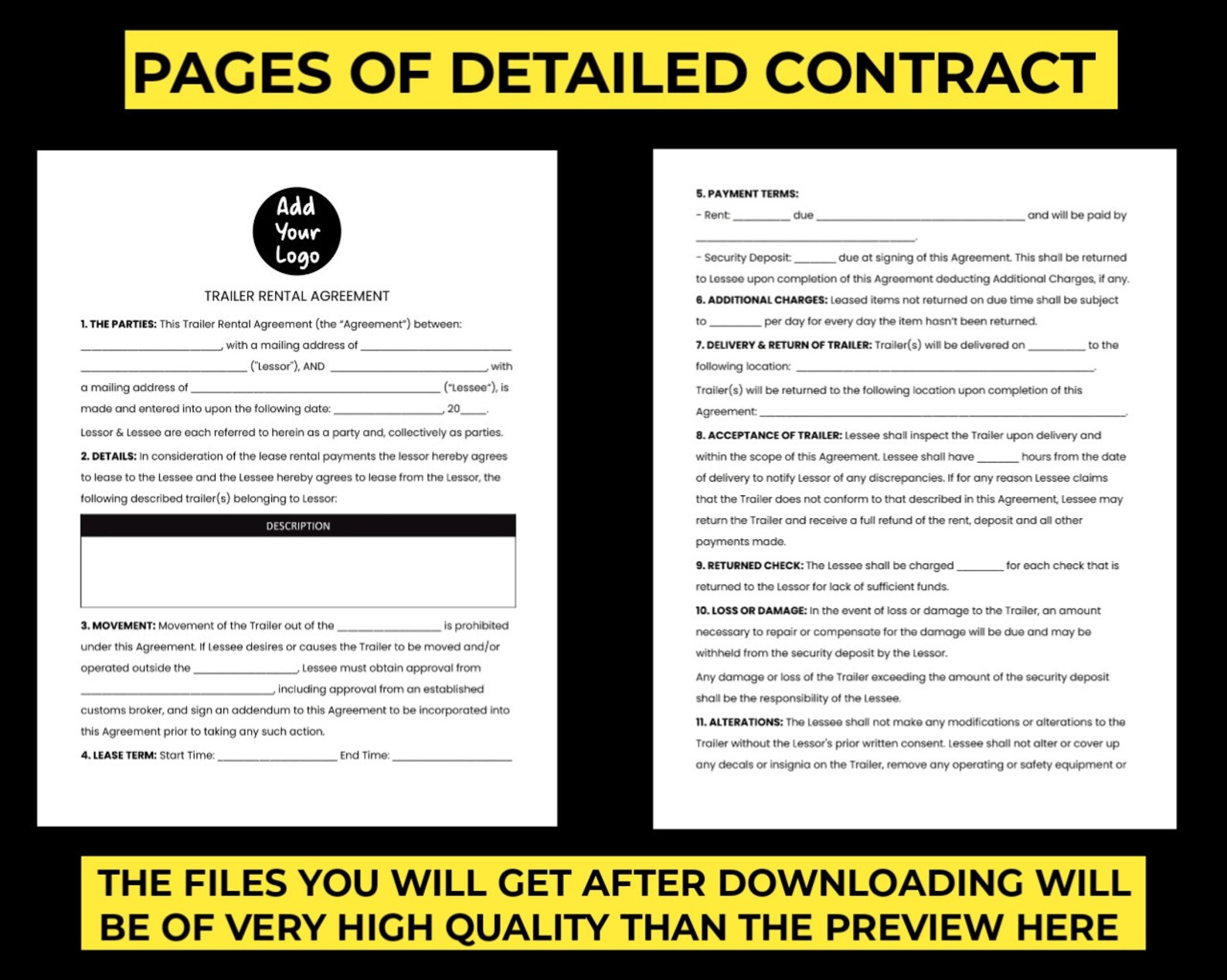 Trailer Rental Agreement Template. Printable PDF Lease / Editable and ...