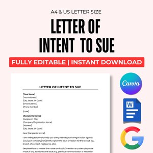 Plantilla editable de carta de intención de demanda, incumplimiento de contrato, carta de demanda, falta de pago, notificación de demanda, LOI MS Word, Google Docs y Canva