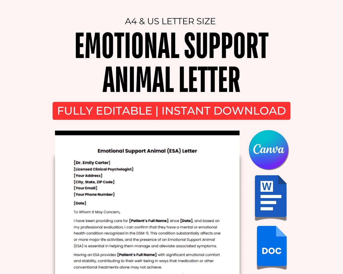 Esa Note Example Editable Emotional Support Animal Letter Template, ESA Letter, Service ...