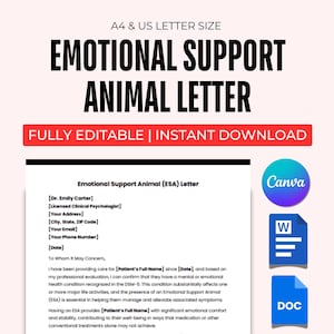 Modello di lettera modificabile per animali di supporto emotivo, lettera ESA, animale di servizio, nota Dap, nota del terapeuta, note SOAP Terapia