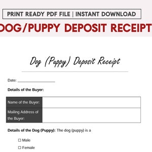Puppy deposit contract - Pet deposit receipt template - Puppy purchase deposit (for both Refundable and Non refundable agreements)