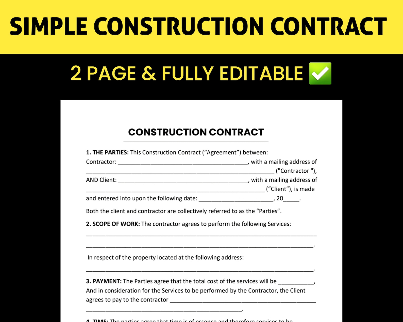 Construction Contract / Agreement / Template Printable PDF / Editable