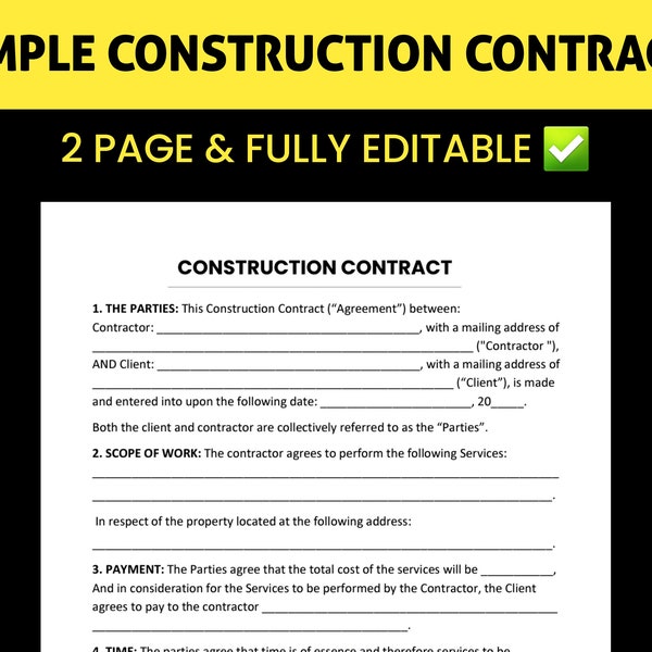 Construction Contract / Agreement / Template. Printable PDF / Editable and Fillable Microsoft Word and Google Docs.