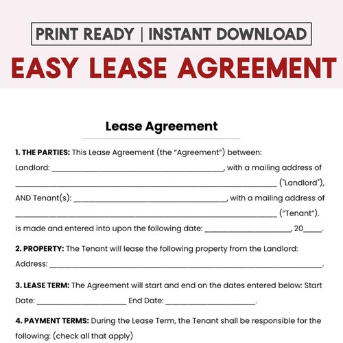 simple one page lease agreement etsy
