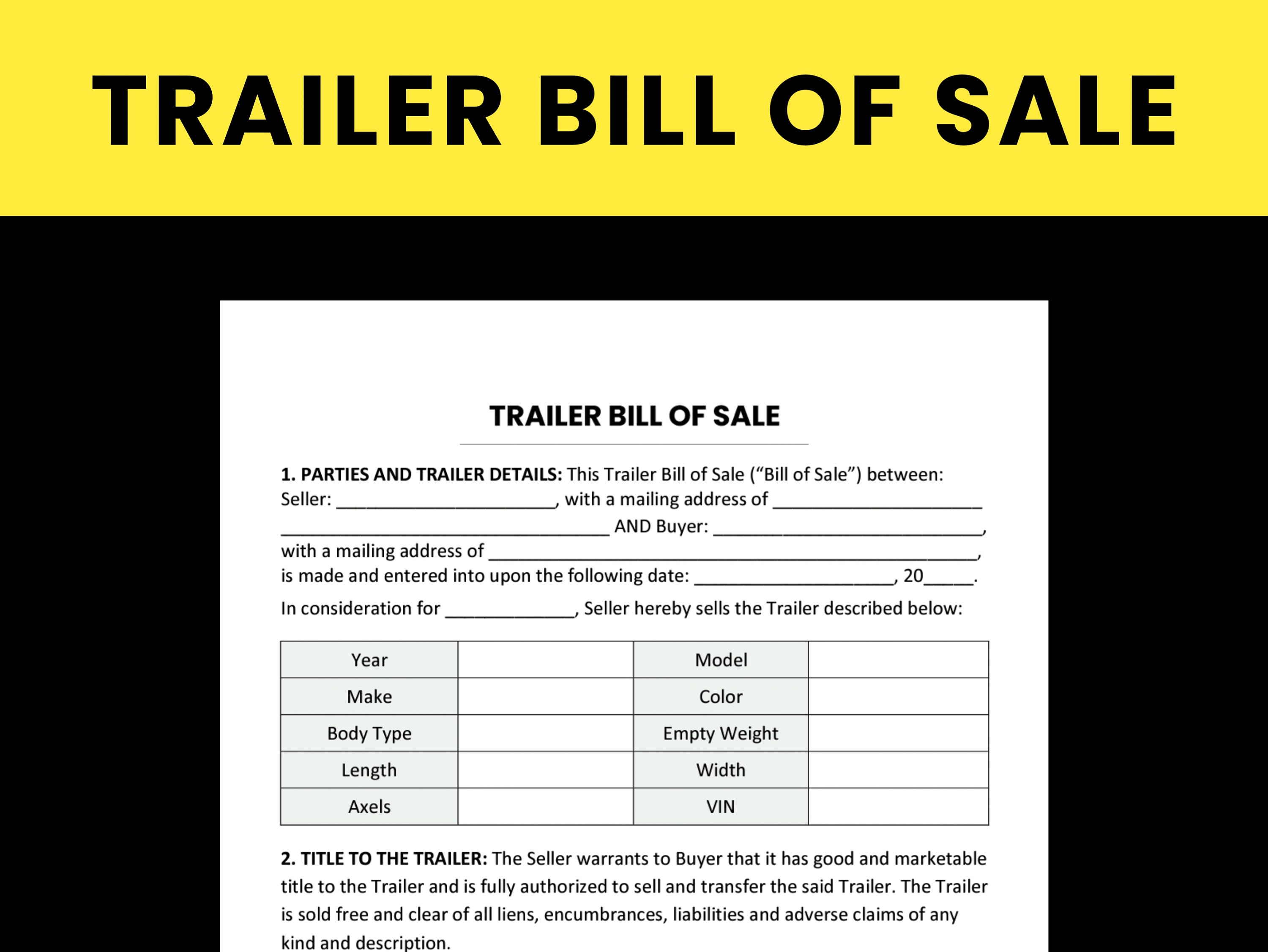 Trailer Bill of Sale Template. Pdf/microsoft Word/google Docs Trailer Bill of Sale Template. Pdf/microsoft Word/google Docs