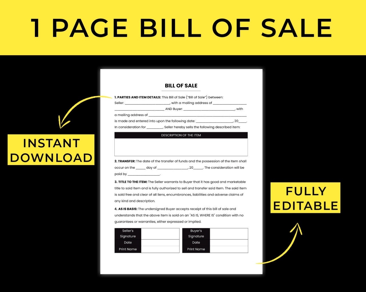 Simple Bill of Sale Template Etsy Simple Bill of Sale Template Etsy