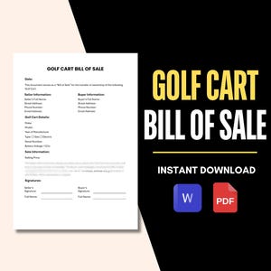 Editable Golf Cart Bill of Sale Template | Printable PDF & Word | Easy-to Use Form for Used Golf Carts | Golf Cart Sale Agreement Contract