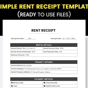 Simple Rent Receipt Template (Printable and Fillable PDF)