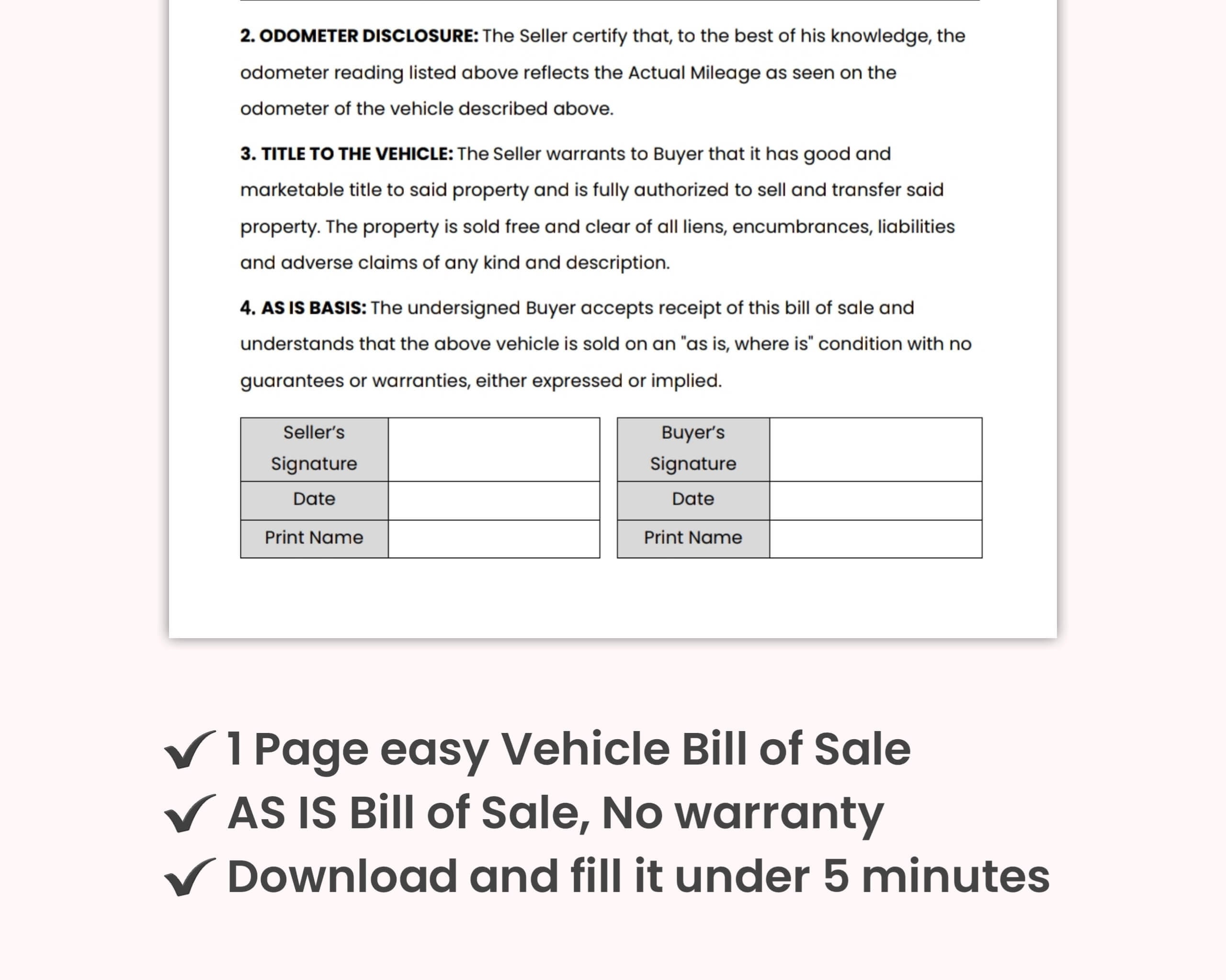 1 Page Vehicle Bill of Sale - Etsy