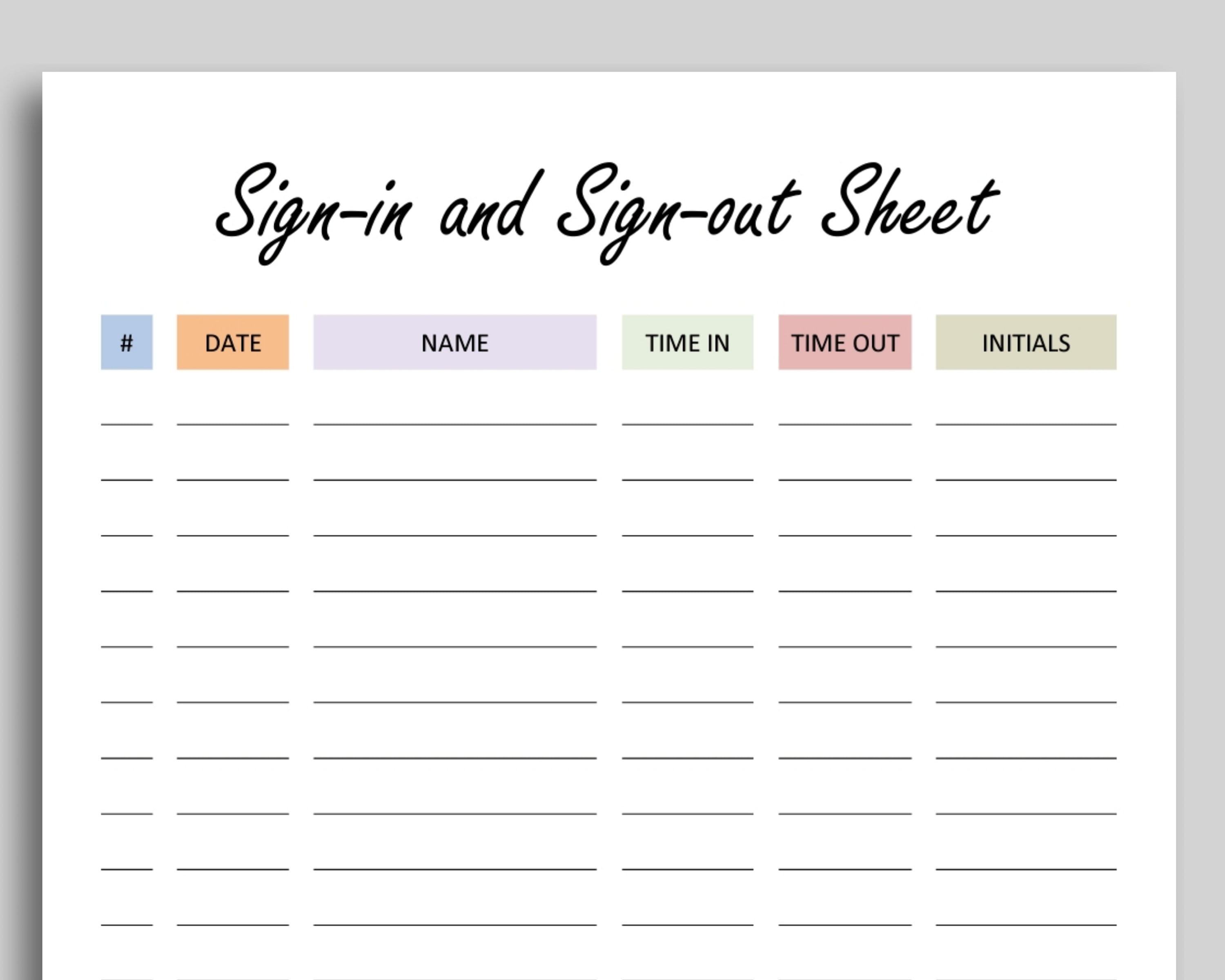 Sign In And Sign Out Sheet With Date And Time Time In And Time Out