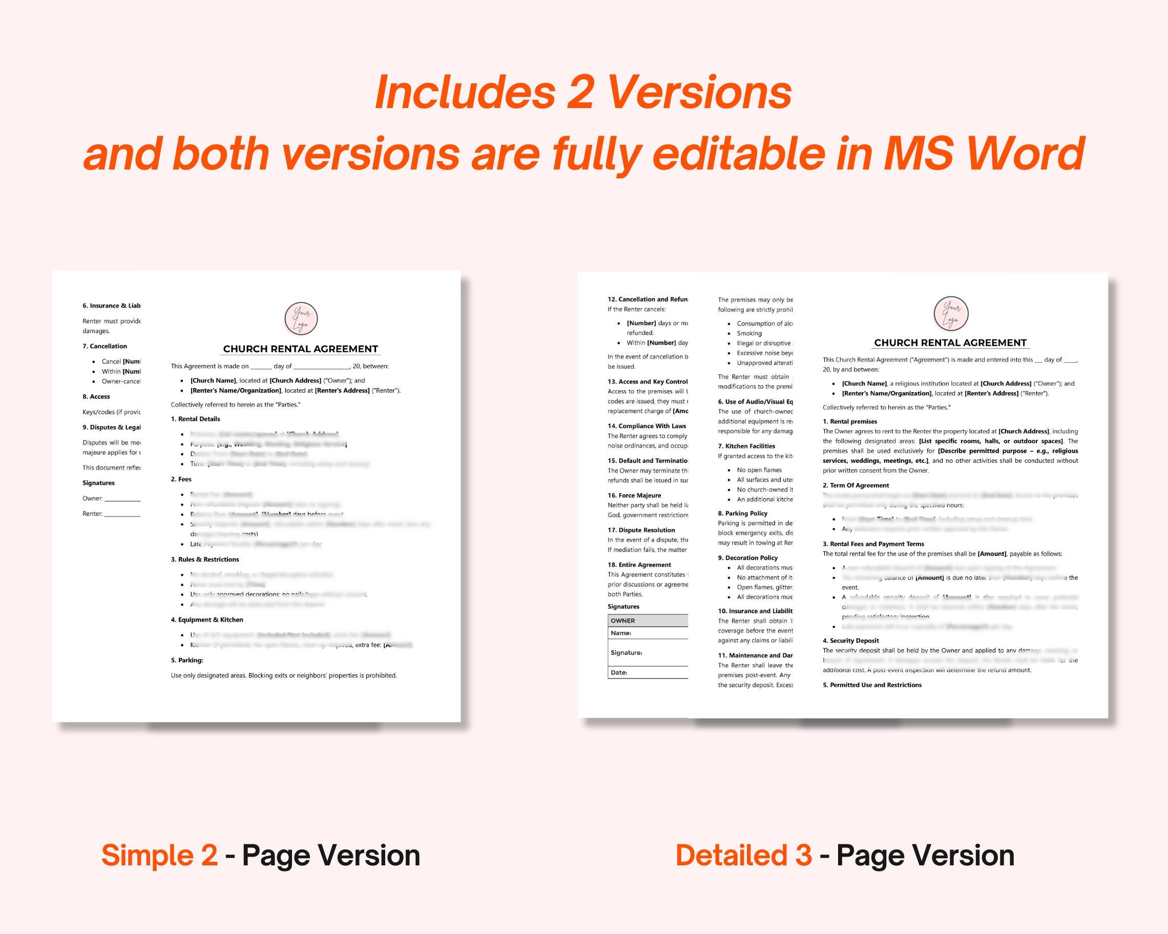 Church Rental Agreement Template (2 Versions) – Editable MS Word Form ...