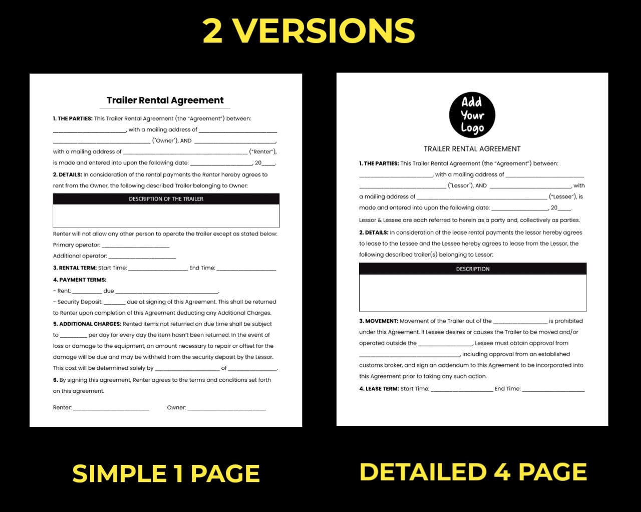 Trailer Rental Agreement Template. Printable PDF Lease / Editable and ...