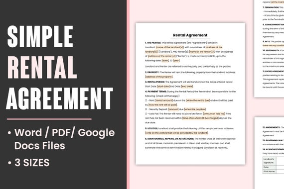 rental agreement template pdf form word document and google etsy canada