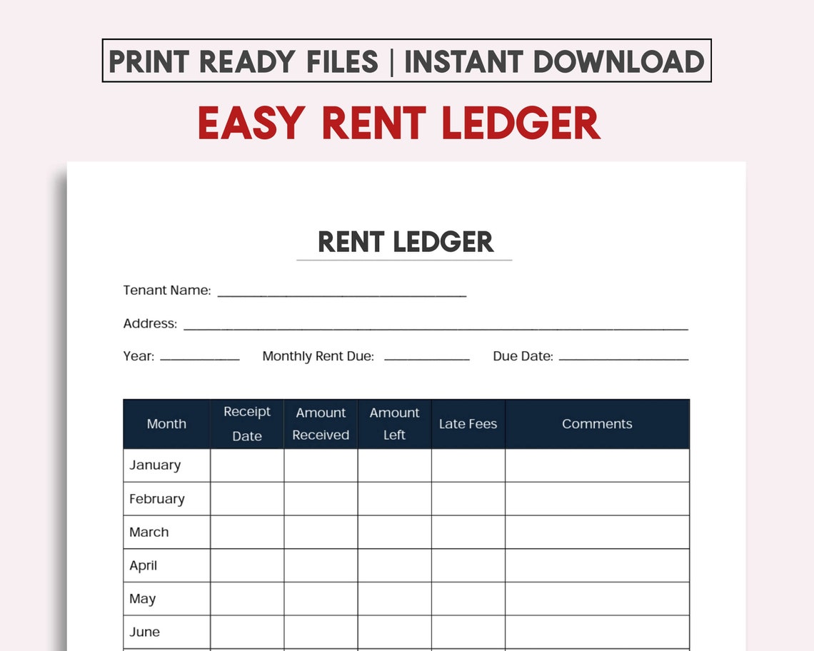 Simple One Page Rent Ledger Template PDF Etsy