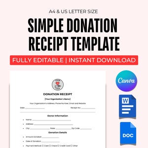 May include: A printable donation receipt template in a white document with a red heart logo. The template is fully editable and includes fields for donor information, donation details, and payment method. The document is available for instant download in Canva, Word, and Doc formats.