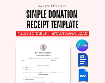 Simple Donation Receipt Template, Nonprofit Donation Receipt Form, Charity Receipt, Invoice, Fully Editable in MS Word, Google Docs & Canva
