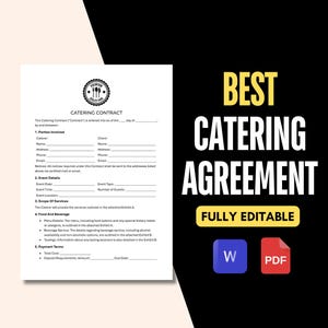 Könnte beinhalten: Eine Catering-Vertragsvorlage mit einem Schwarz-Weiß-Design. Das Dokument enthält Abschnitte für die beteiligten Parteien, Veranstaltungsdetails, Leistungsumfang, Speisen und Getränke sowie Zahlungsbedingungen. Die Worte "BEST CATERING AGREEMENT" stehen in großen weißen Buchstaben auf schwarzem Hintergrund.