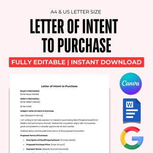 Carta de intenção de compra simples, contrato e contrato de compra, carta de fornecedor, Canva editável, MS Word e Google Docs, download instantâneo