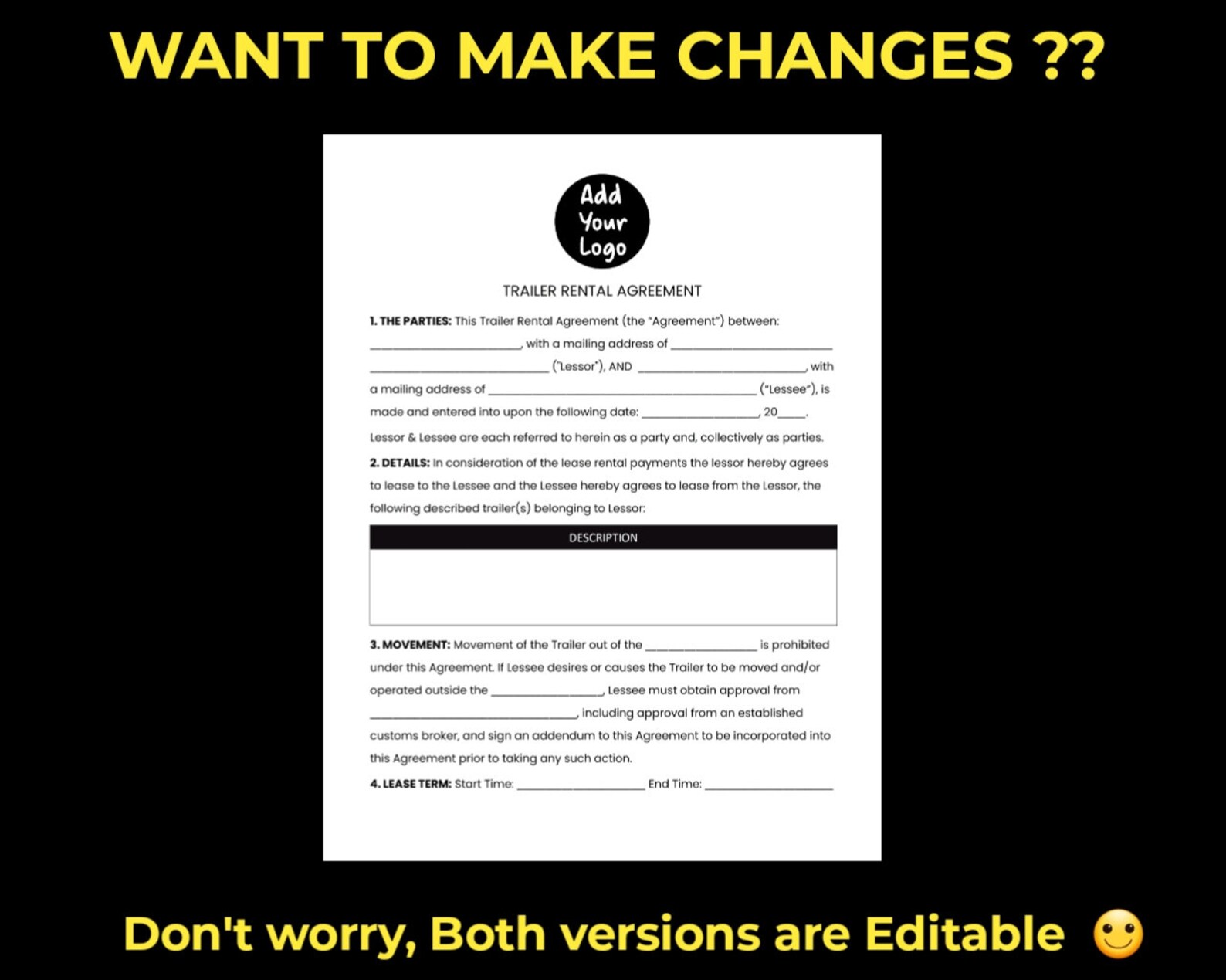 Trailer Rental Agreement Template. Printable PDF Lease / Editable and ...