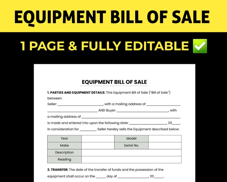 Equipment Bill of Sale Template / Agreement / Contract. Printable PDF