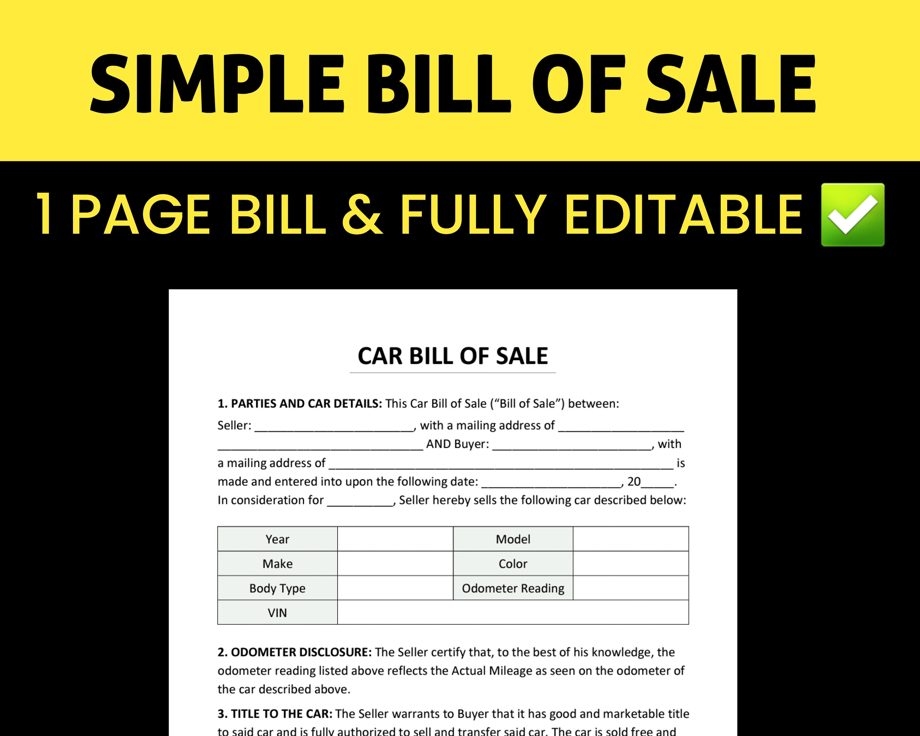 Bill of Sale for Car. Pdf/word/google Docs Template. Printable/fillable