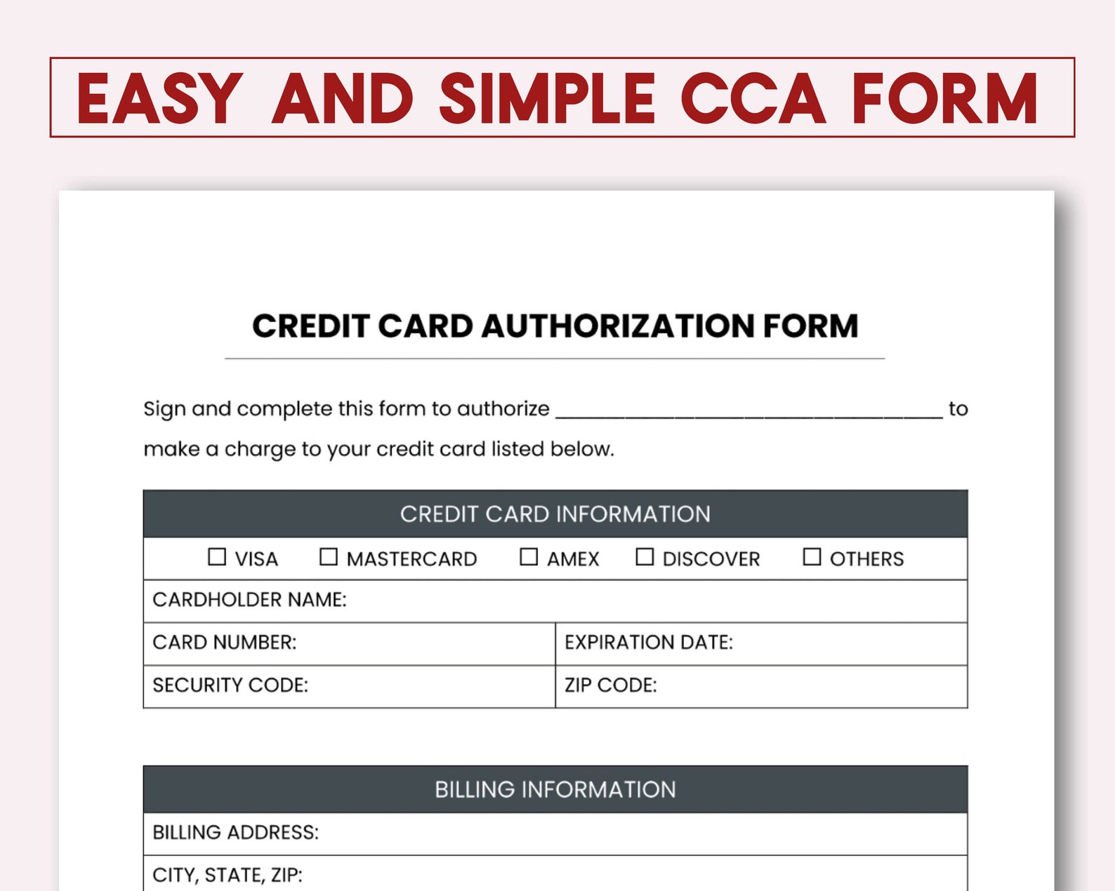Easy Credit Card Authorization Form PDF Etsy