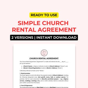 May include: A printable church rental agreement template with a red and white title "Simple Church Rental Agreement" and a pink logo with the text "Your Logo". The document includes a sample agreement with placeholders for the church name, address, renter's name, and rental dates.
