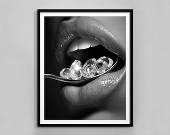 Woman Eating Jewelry Poster: Black and White Luxury Print (Digital Download)
